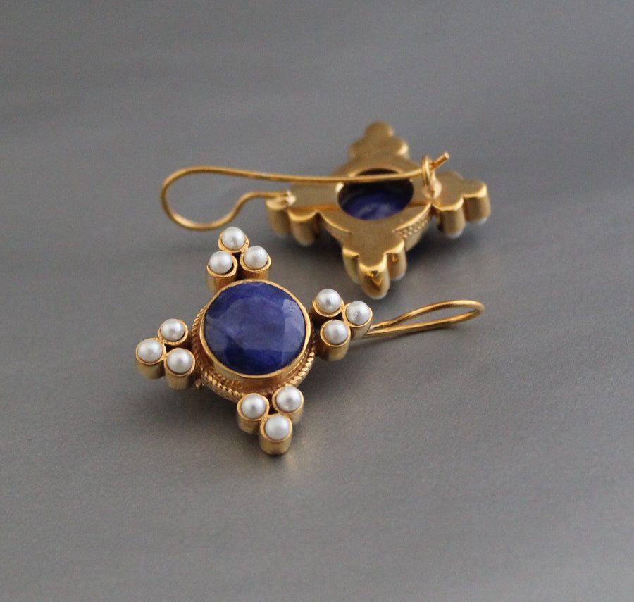Sapphire and Pearl Earrings, Art Deco Style, 18K Gold Vermeil, photo 8