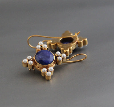 Sapphire and Pearl Earrings, Art Deco Style, 18K Gold Vermeil, photo 10