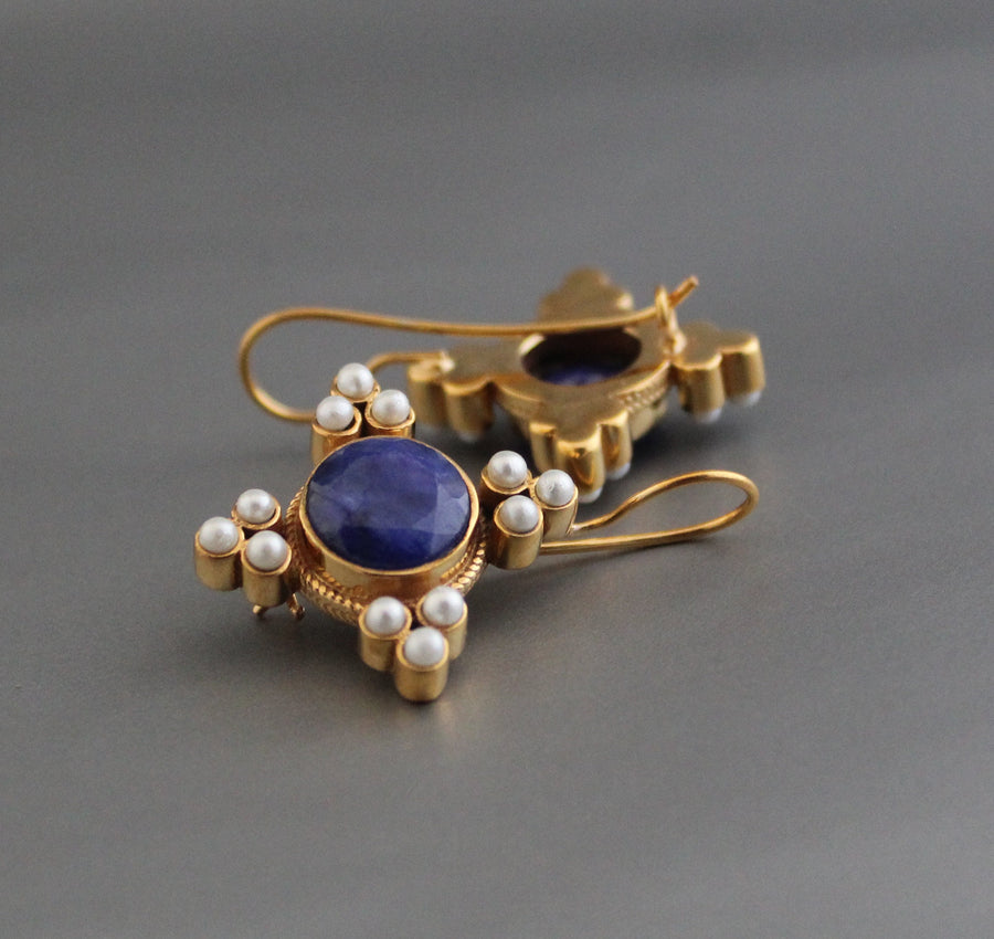 Sapphire and Pearl Earrings, Art Deco Style, 18K Gold Vermeil, photo 10
