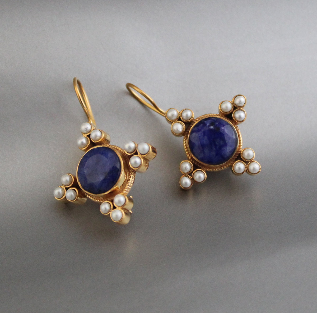 Sapphire and Pearl Earrings, Art Deco Style, 18K Gold Vermeil, photo 13