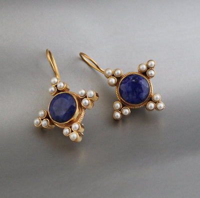 Sapphire and Pearl Earrings, Art Deco Style, 18K Gold Vermeil, photo 13