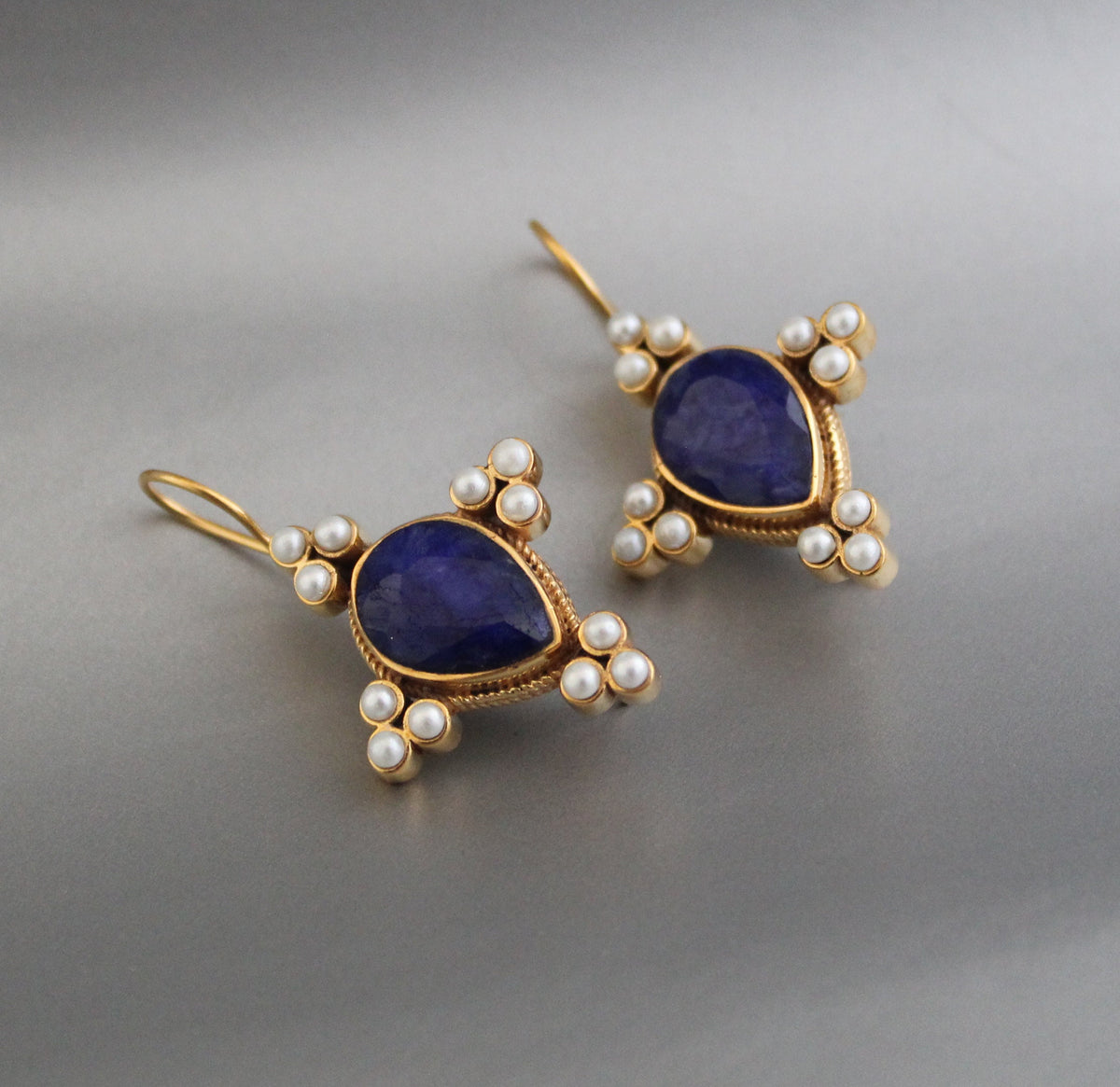 Sapphire and Pearl Earrings, Edwardian Art Deco Style, Gold, photo 5