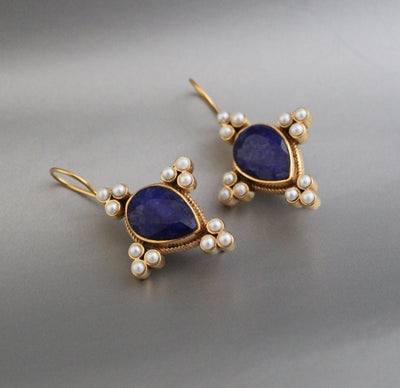 Sapphire and Pearl Earrings, Edwardian Art Deco Style, Gold, photo 5