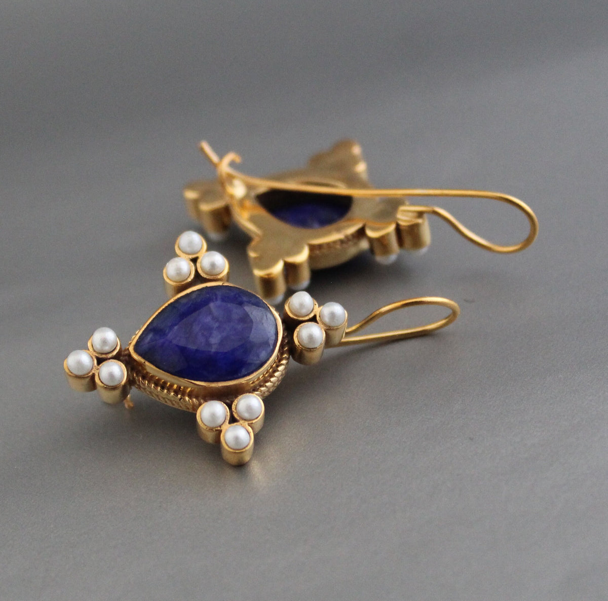 Sapphire and Pearl Earrings, Edwardian Art Deco Style, Gold, photo 2