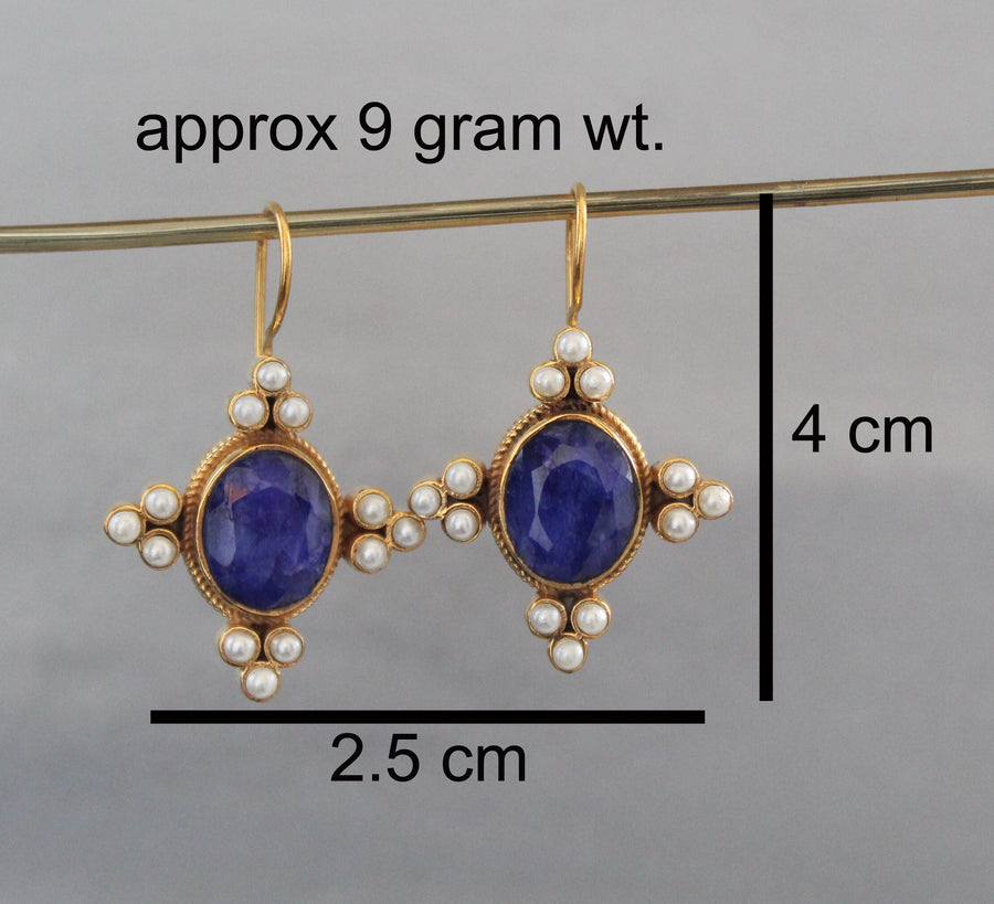Blue Sapphire and Pearl Earrings, Regency Art Deco Style, 18K Gold Vermeil, photo 3