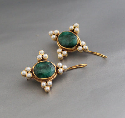 Emerald Oval Intaglio Earrings, 1920s Bridal Style, Gold, photo 4