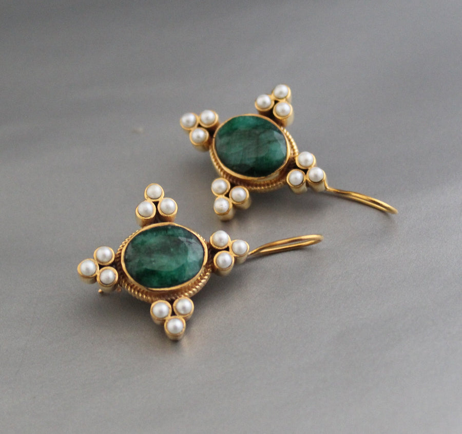 Emerald Oval Intaglio Earrings, 1920s Bridal Style, Gold, photo 4
