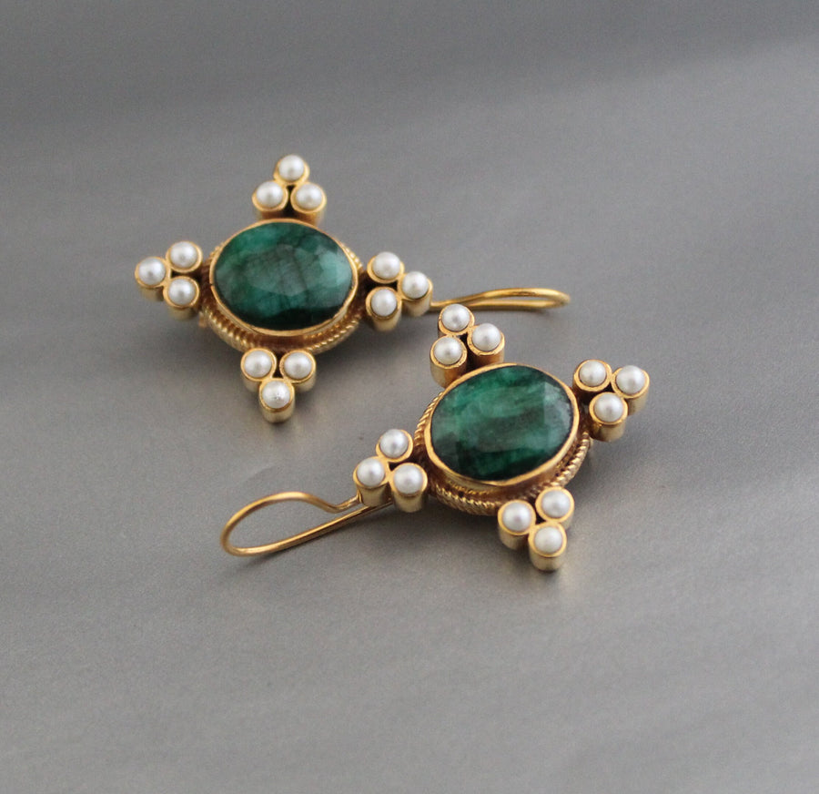 Emerald Oval Intaglio Earrings, 1920s Bridal Style, Gold, photo 5