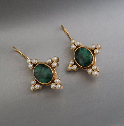 Emerald Oval Intaglio Earrings, 1920s Bridal Style, Gold, photo 7