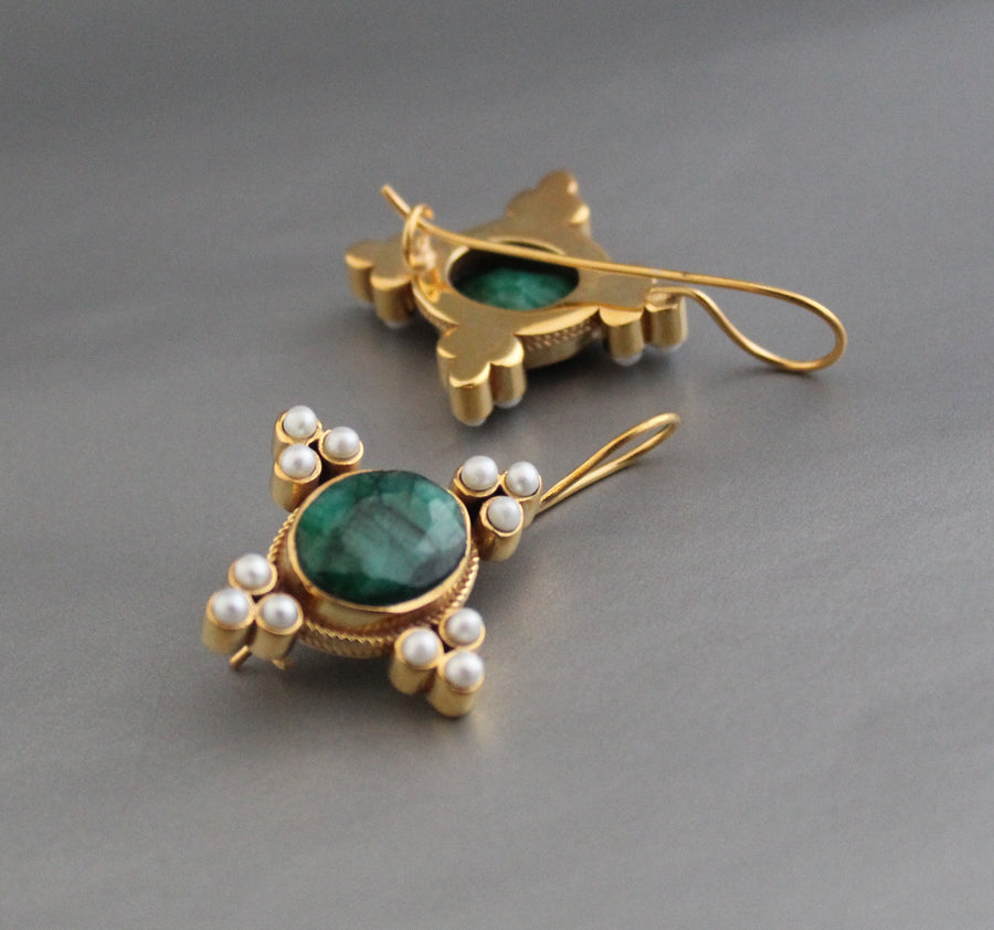 Emerald Oval Intaglio Earrings, 1920s Bridal Style, Gold, photo 8