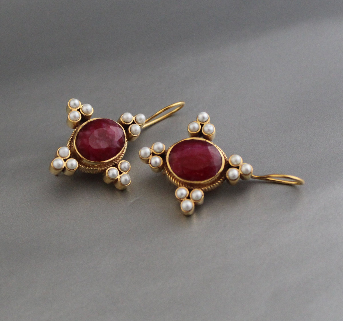 Ruby and Pearl Earrings, Edwardian Victorian Style, Art Nouveau Gold, photo 2