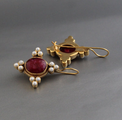 Ruby and Pearl Earrings, Edwardian Victorian Style, Art Nouveau Gold, photo 6
