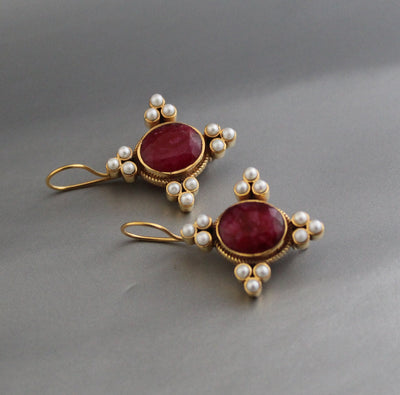Ruby and Pearl Earrings, Edwardian Victorian Style, Art Nouveau Gold, photo 8