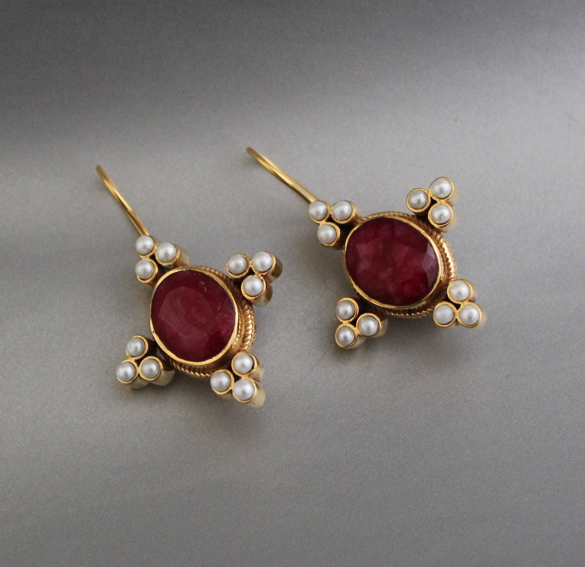 Ruby and Pearl Earrings, Edwardian Victorian Style, Art Nouveau Gold, photo 11