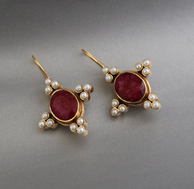 Ruby and Pearl Earrings, Edwardian Victorian Style, Art Nouveau Gold, photo 11