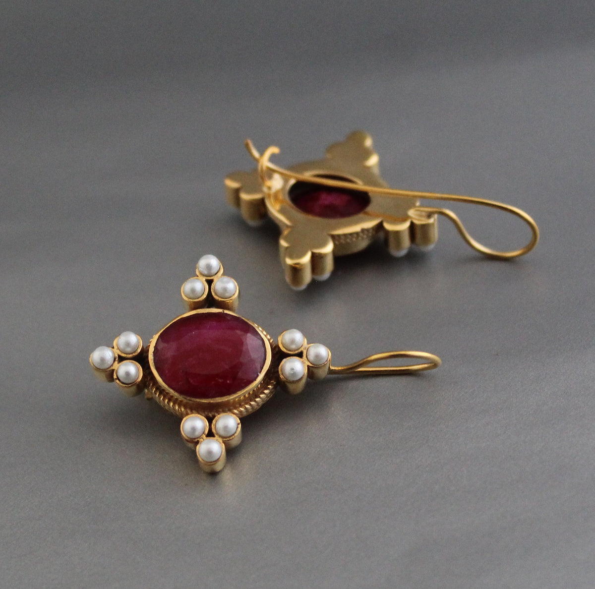 Ruby and Pearl Earrings, Edwardian Victorian Style, Art Nouveau Gold, photo 13