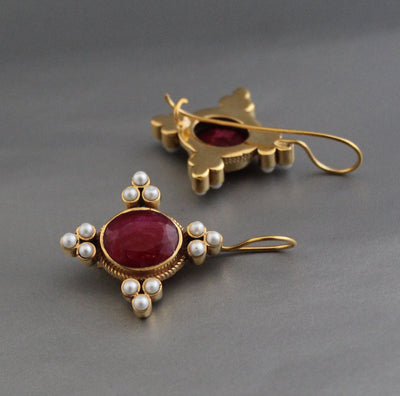 Ruby and Pearl Earrings, Edwardian Victorian Style, Art Nouveau Gold, photo 13