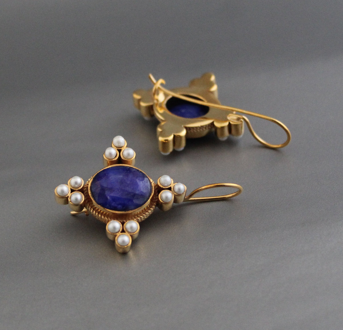 Blue Sapphire and Pearl Earrings, Regency Art Deco Style, 18K Gold Vermeil, photo 5