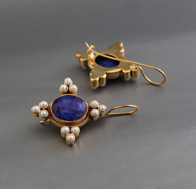 Blue Sapphire and Pearl Earrings, Regency Art Deco Style, 18K Gold Vermeil, photo 5