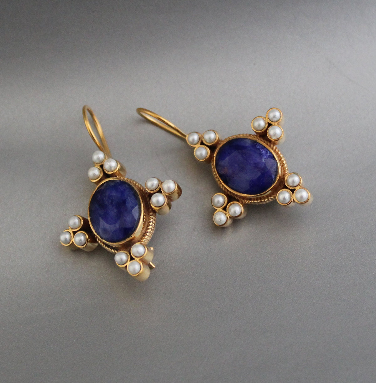 Blue Sapphire and Pearl Earrings, Regency Art Deco Style, 18K Gold Vermeil, photo 7