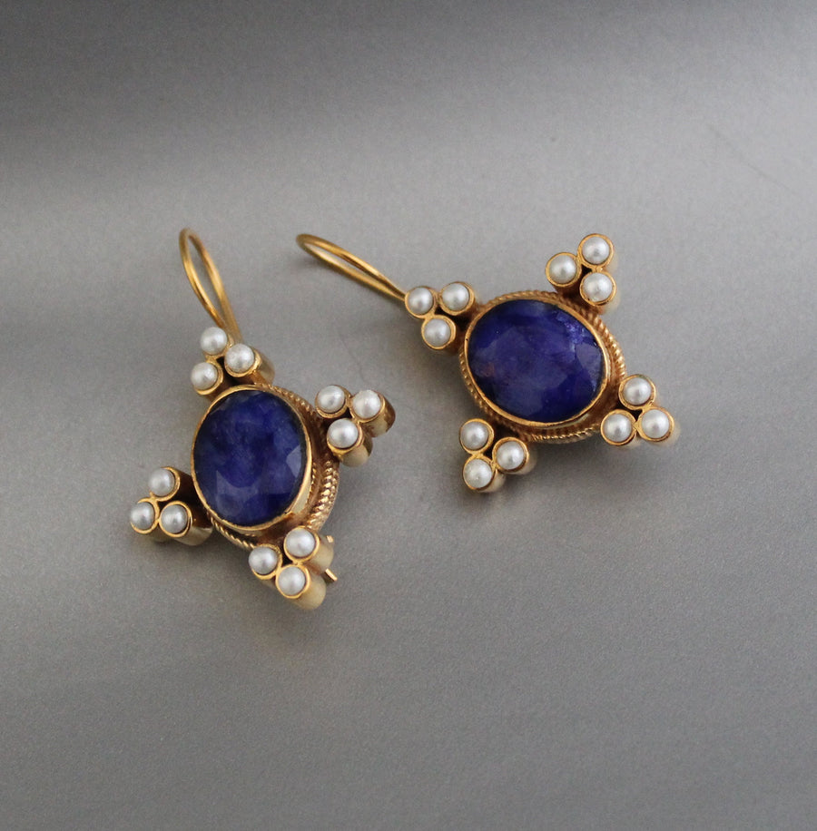 Blue Sapphire and Pearl Earrings, Regency Art Deco Style, 18K Gold Vermeil, photo 7
