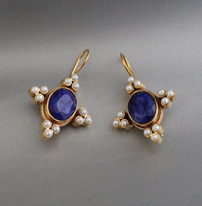 Blue Sapphire and Pearl Earrings, Regency Art Deco Style, 18K Gold Vermeil, photo 6