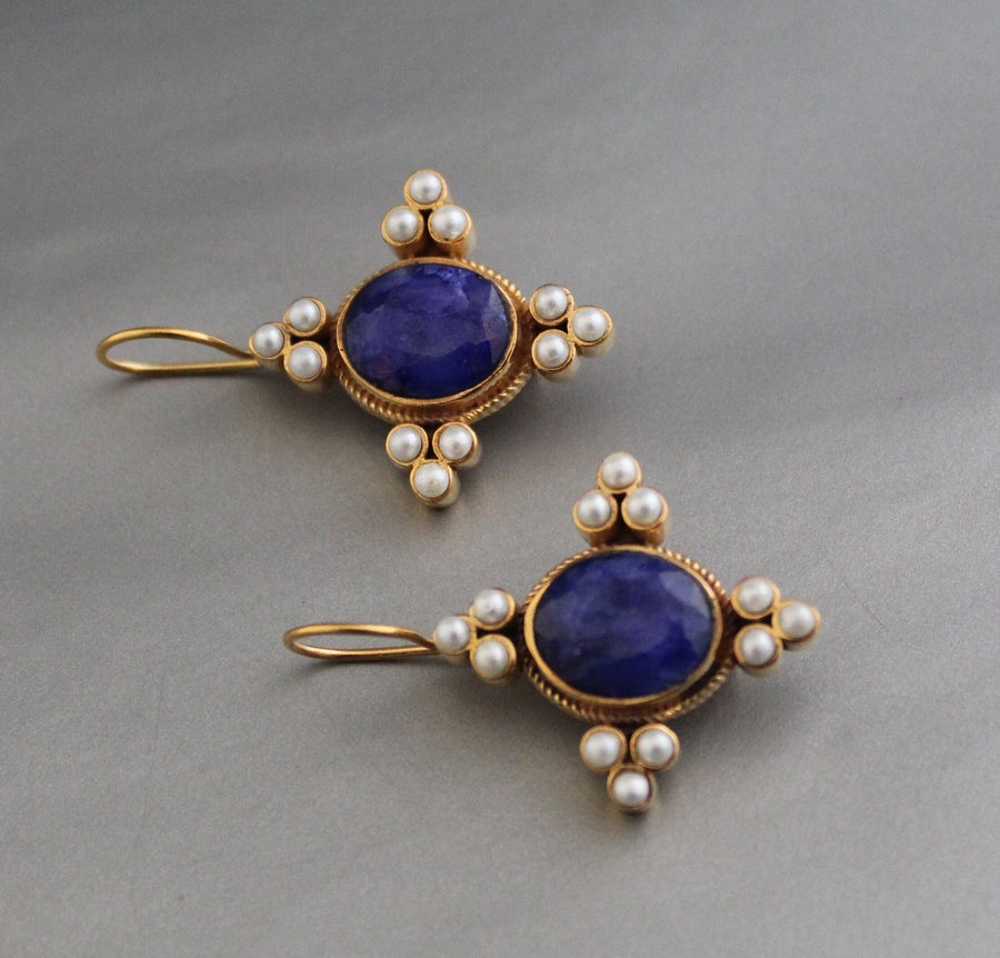 Blue Sapphire and Pearl Earrings, Regency Art Deco Style, 18K Gold Vermeil, photo 8