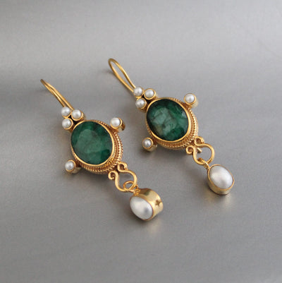 Emerald and Pearl Earrings, Art Nouveau Style, 18K Gold, photo 4