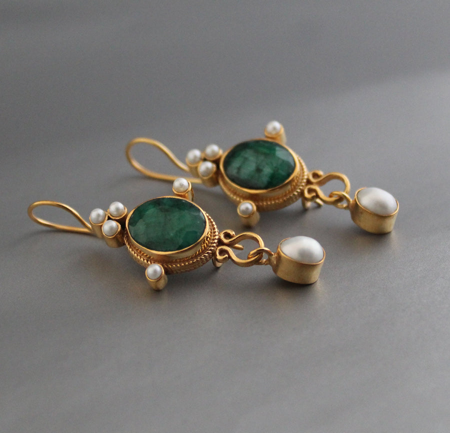 Emerald and Pearl Earrings, Art Nouveau Style, 18K Gold, photo 6
