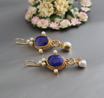 Sapphire Earrings, Art Nouveau Style, Gold