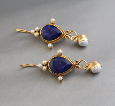Sapphire Intaglio Earrings, Pear Cut, Victorian Style, 18K Gold Vermeil, photo 7