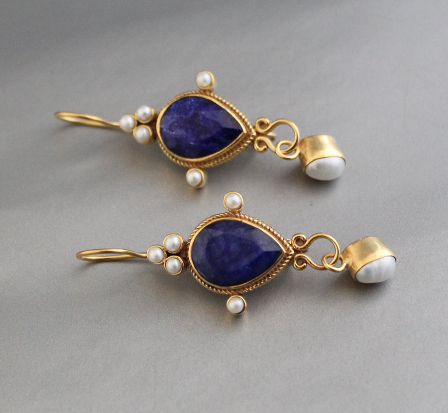 Sapphire Intaglio Earrings, Pear Cut, Victorian Style, 18K Gold Vermeil, photo 7
