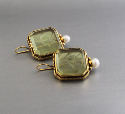 Green Glass Intaglio Earrings, Victorian Style, 18K Gold, photo 4