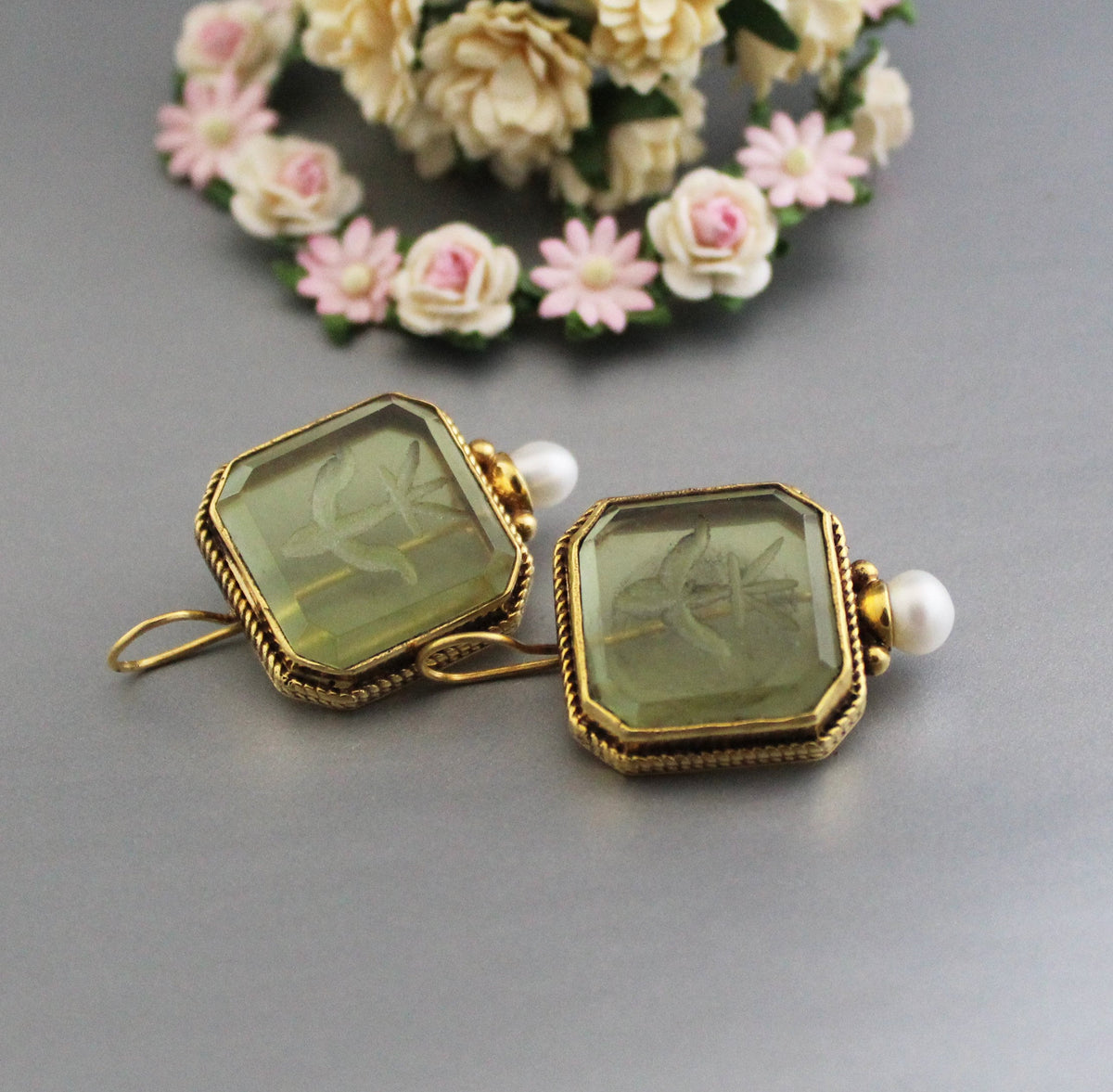 Green Glass Intaglio Earrings, Victorian Style, 18K Gold, photo 2