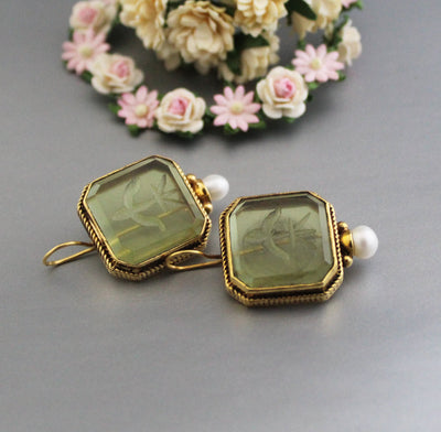 Green Glass Intaglio Earrings, Victorian Style, 18K Gold, photo 2