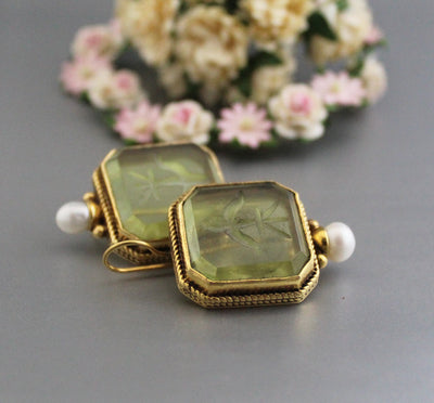 Green Glass Intaglio Earrings, Victorian Style, 18K Gold, photo 7