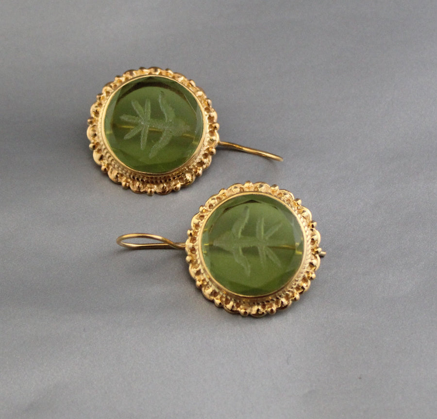 Green Intaglio Earrings, Vintage Style, 18K Gold, photo 4