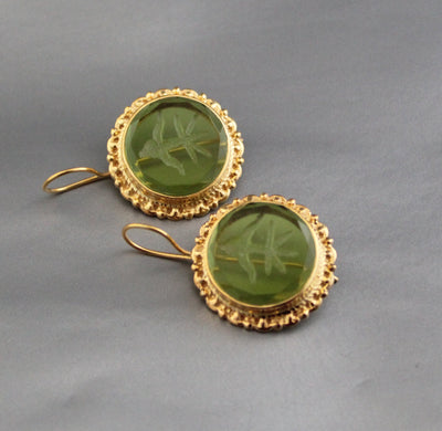 Green Intaglio Earrings, Vintage Style, 18K Gold, photo 5