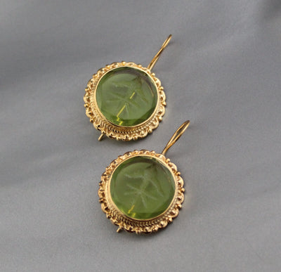 Green Intaglio Earrings, Vintage Style, 18K Gold, photo 6