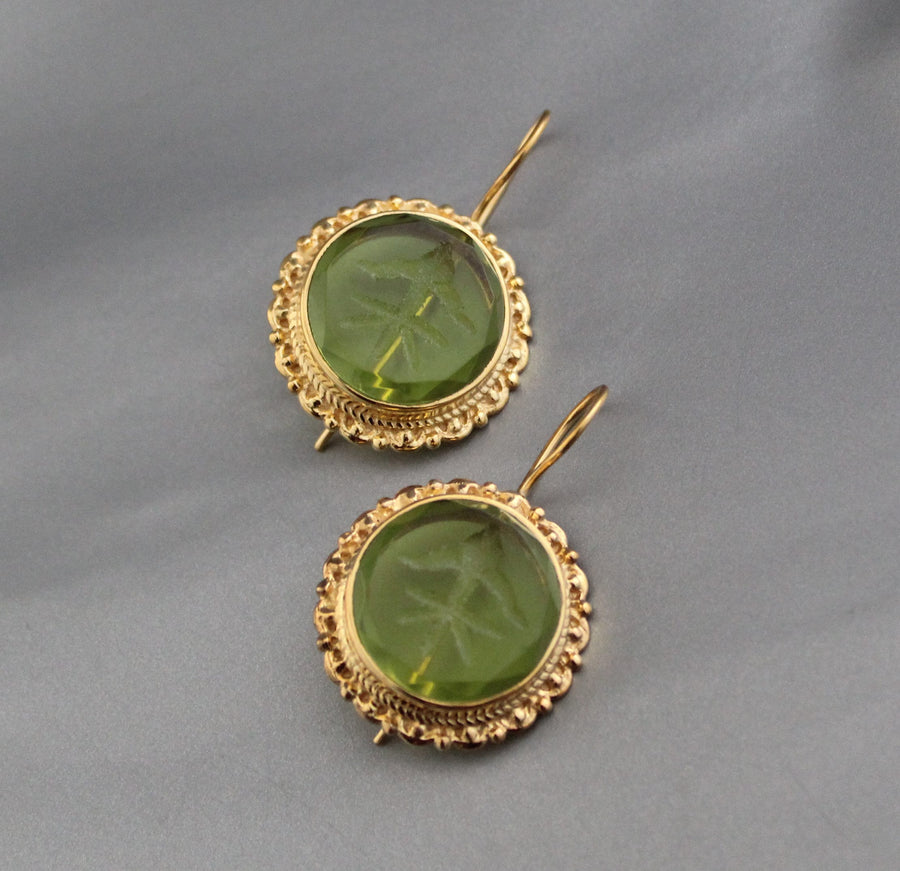 Green Intaglio Earrings, Vintage Style, 18K Gold, photo 6