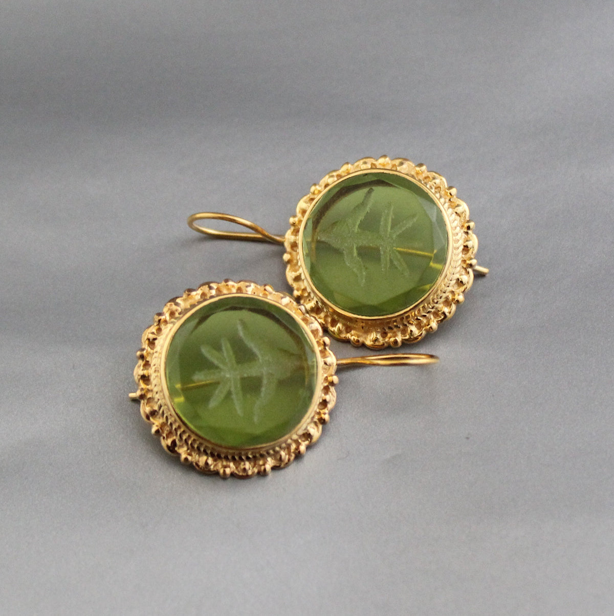 Green Intaglio Earrings, Vintage Style, 18K Gold