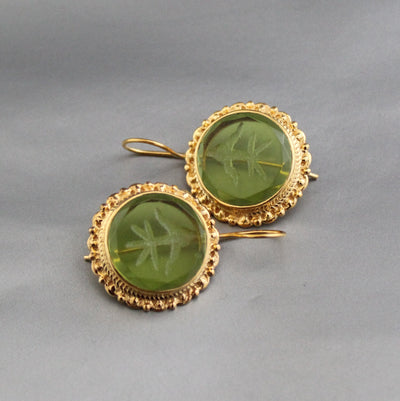 Green Intaglio Earrings, Vintage Style, 18K Gold