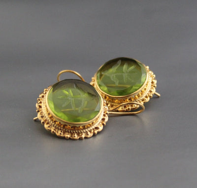 Green Intaglio Earrings, Vintage Style, 18K Gold, photo 9