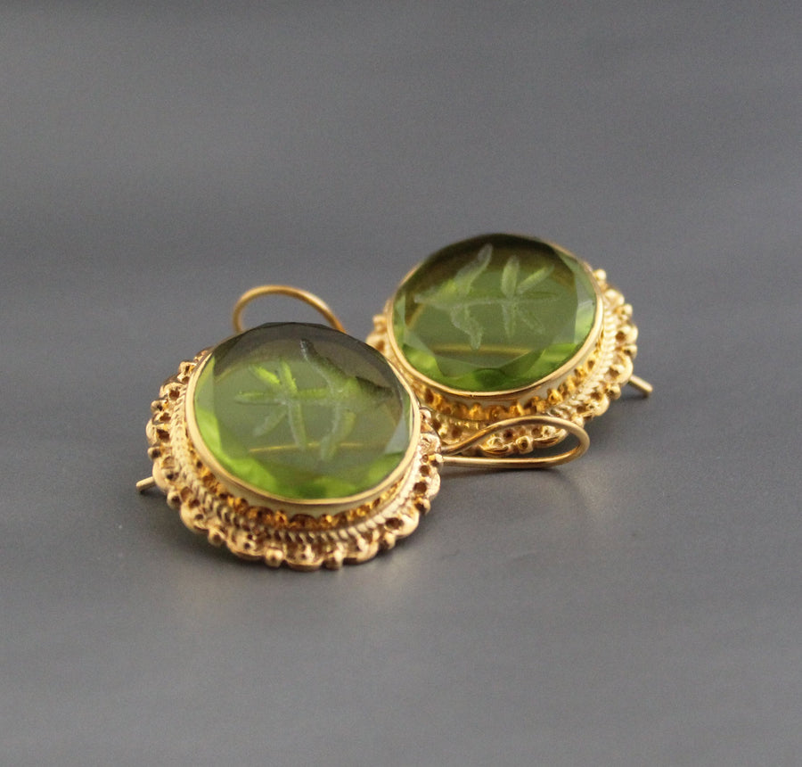 Green Intaglio Earrings, Vintage Style, 18K Gold, photo 9