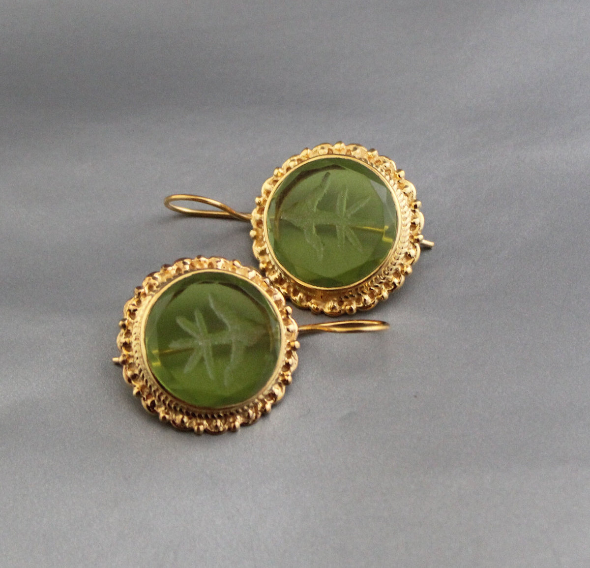 Green Intaglio Earrings, Vintage Style, 18K Gold, photo 8