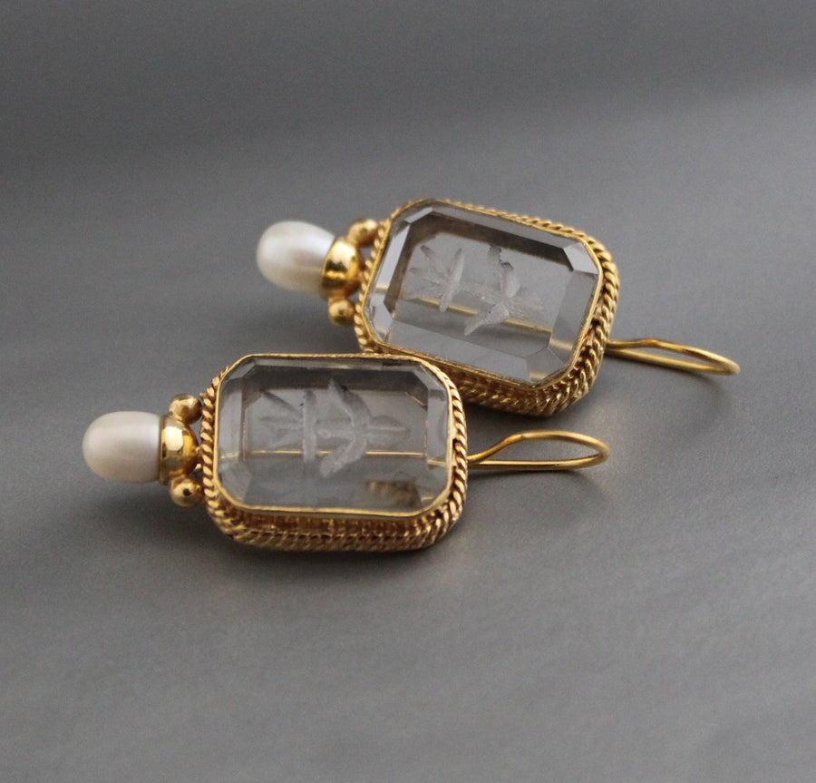 Clear Crystal Intaglio Earrings, Natural Pearl, Greek Roman Style, photo 6