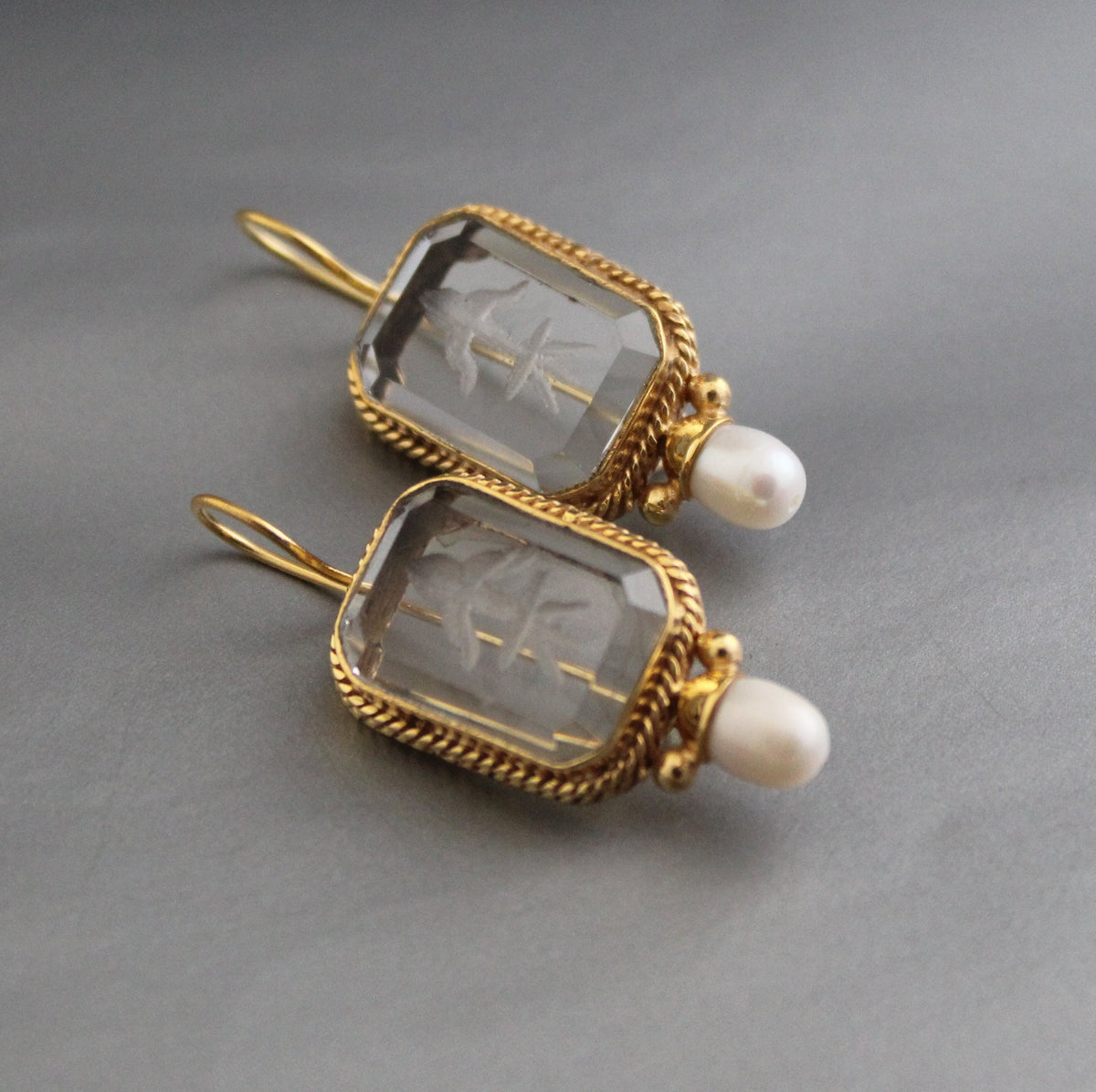 Clear Crystal Intaglio Earrings, Natural Pearl, Greek Roman Style, photo 3