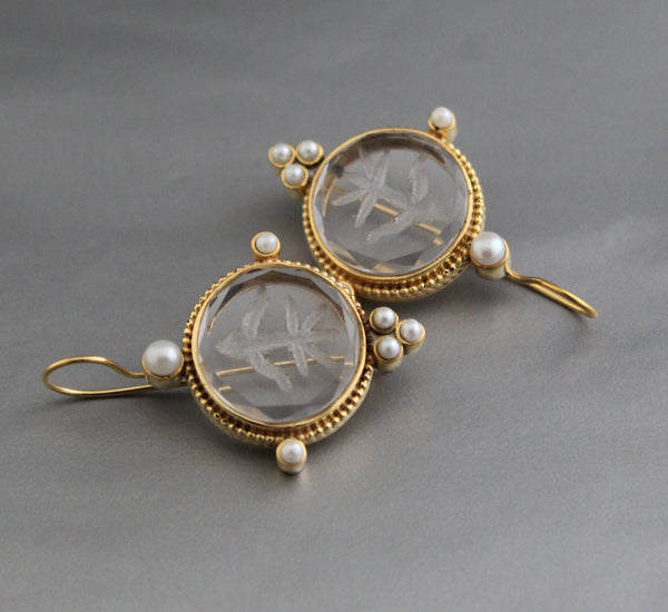 Clear Crystal Intaglio Earrings, 1920s Art Deco, 18K Gold