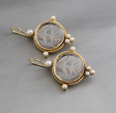 Clear Crystal Intaglio Earrings, 1920s Art Deco, 18K Gold, photo 6