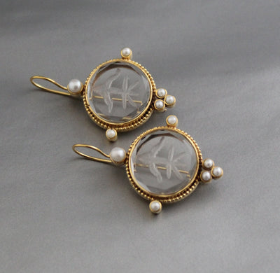 Clear Crystal Intaglio Earrings, 1920s Art Deco, 18K Gold, photo 7